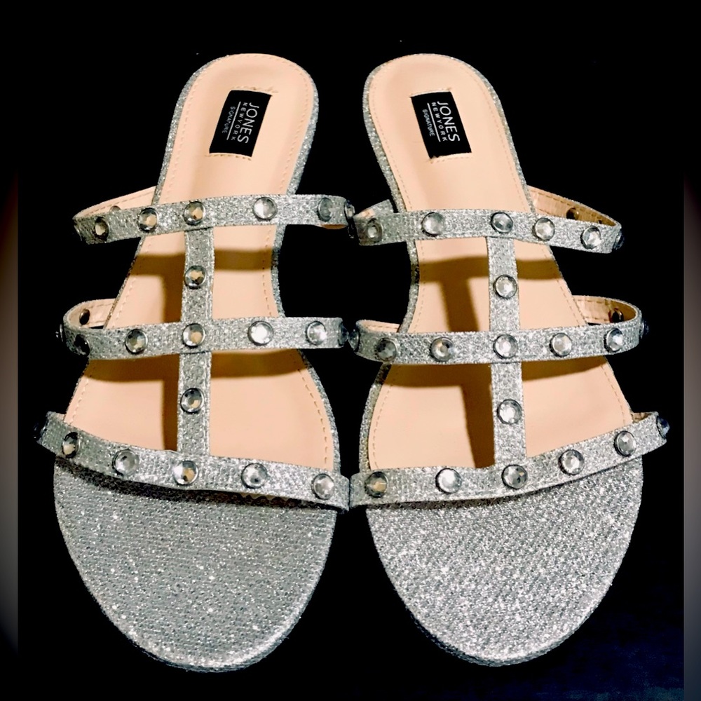Jones New York - Silver Sarkle/Shimmer - Rhinestone Slide Sandals Sz-9